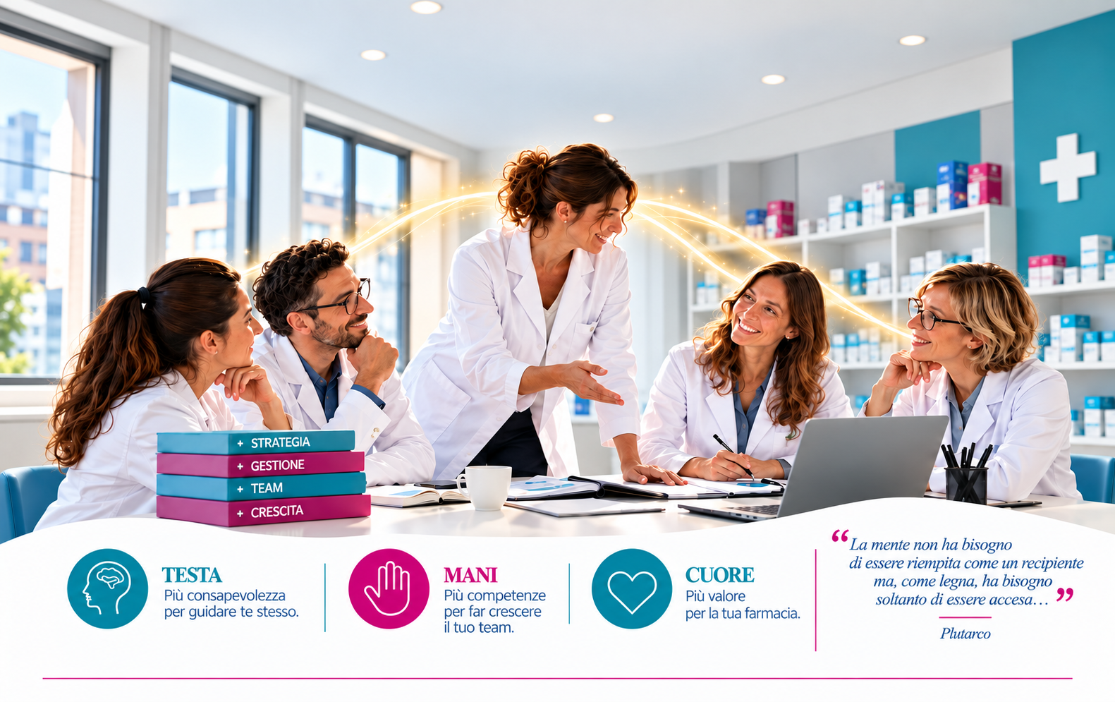 Team di farmacisti con i valori Testa, Mani e Cuore del percorso